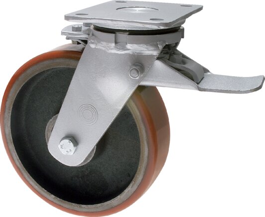 Exemplary representation: Polyurethane heavy-duty castor (swivel castor with total brakes)